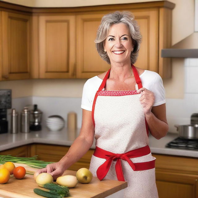 A mature-themed image of a woman wearing an apron, designed to be suggestive yet tasteful