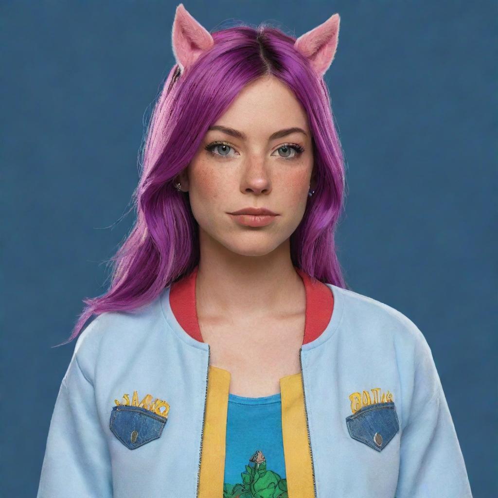 A detailed, realistic rendering of Sarah Lynn from Bojack Horseman, captured in her iconic pop-star attire and expressing her typical rebellious attitude