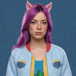 A detailed, realistic rendering of Sarah Lynn from Bojack Horseman, captured in her iconic pop-star attire and expressing her typical rebellious attitude