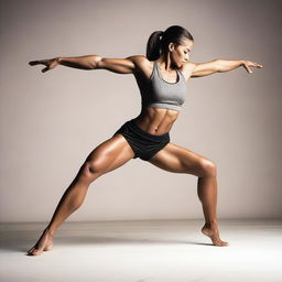 A depiction of a muscular girl with a thin waist performing a split