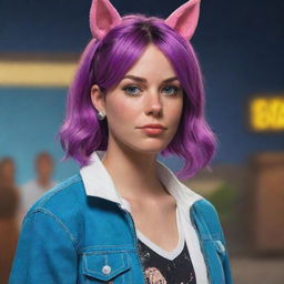 A detailed, realistic rendering of Sarah Lynn from Bojack Horseman, captured in her iconic pop-star attire and expressing her typical rebellious attitude