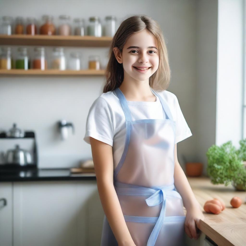 A young girl wearing a transparent apron, standing in a kitchen