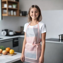 A young girl wearing a transparent apron, standing in a kitchen