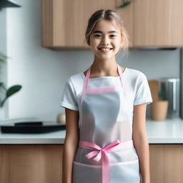 A young girl wearing a transparent apron, standing in a kitchen