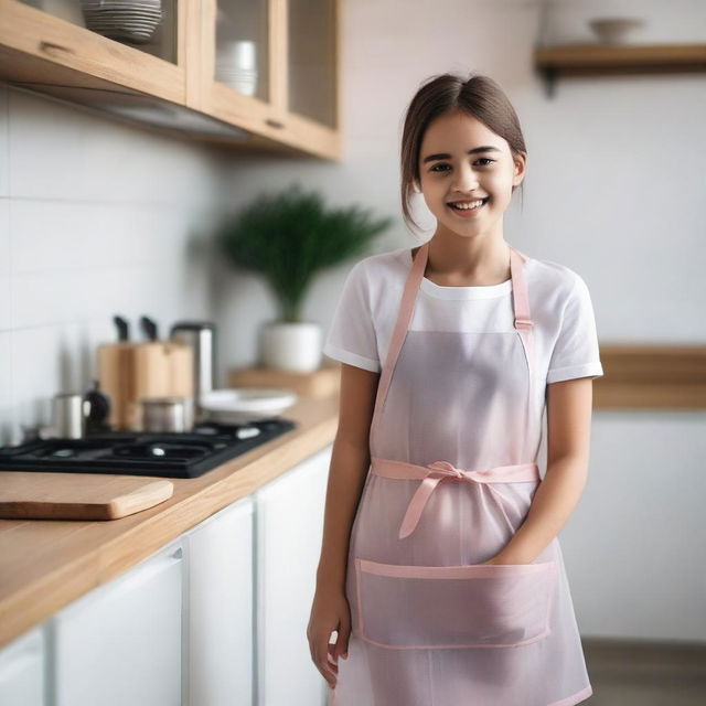 A young girl wearing a transparent apron, standing in a kitchen