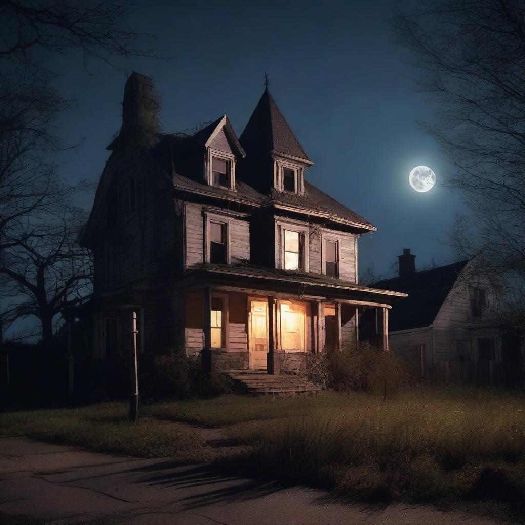 A spooky haunted house on a deserted street at night