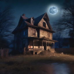 A spooky haunted house on a deserted street at night