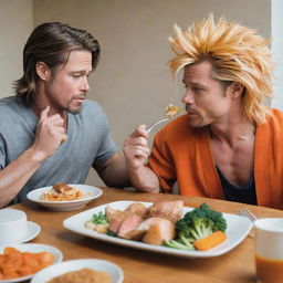 An imaginative scene of Brad Pitt eating a meal with Goku from Dragon Ball Z, in a combination of real-life and anime styles.