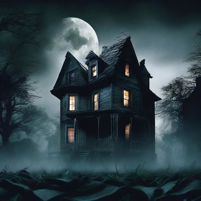 A movie poster for a film featuring a spooky haunted house in a deserted city at night, viewed from an upside-down camera angle