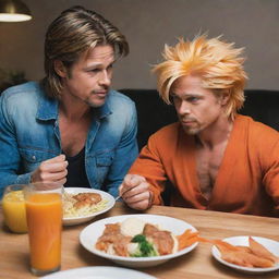 An imaginative scene of Brad Pitt eating a meal with Goku from Dragon Ball Z, in a combination of real-life and anime styles.