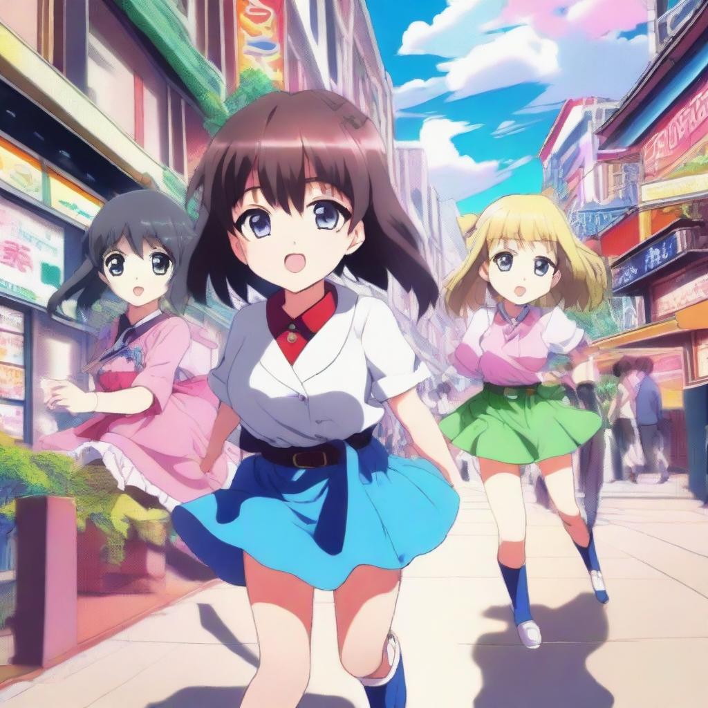 A vibrant and colorful anime scene featuring characters with large expressive eyes, dynamic poses, and detailed backgrounds