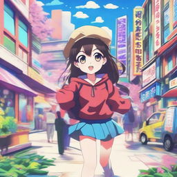 A vibrant and colorful anime scene featuring characters with large expressive eyes, dynamic poses, and detailed backgrounds