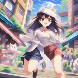 A vibrant and colorful anime scene featuring characters with large expressive eyes, dynamic poses, and detailed backgrounds