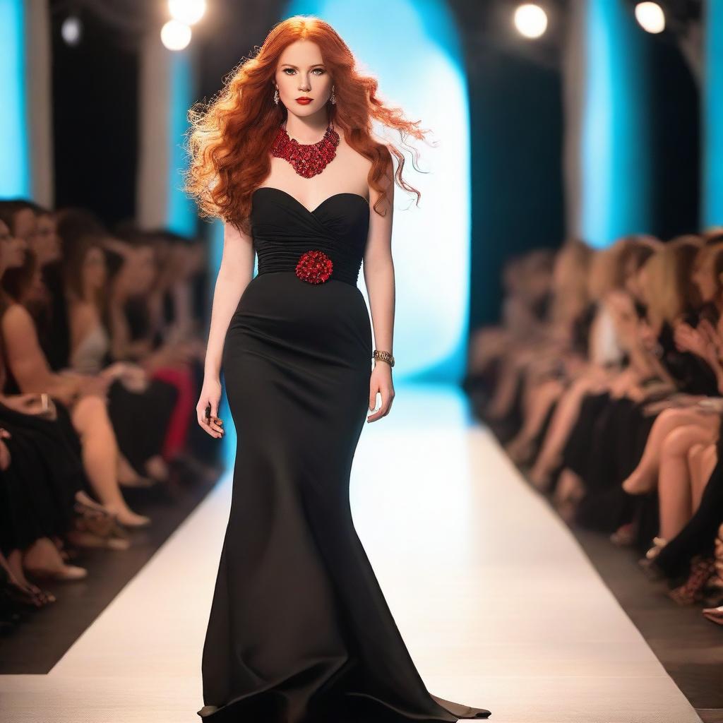 A young woman with long red hair and a striking red necklace walks confidently on a catwalk