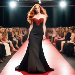 A young woman with long red hair and a striking red necklace walks confidently on a catwalk