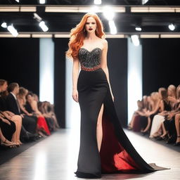 A young woman with long red hair and a striking red necklace walks confidently on a catwalk