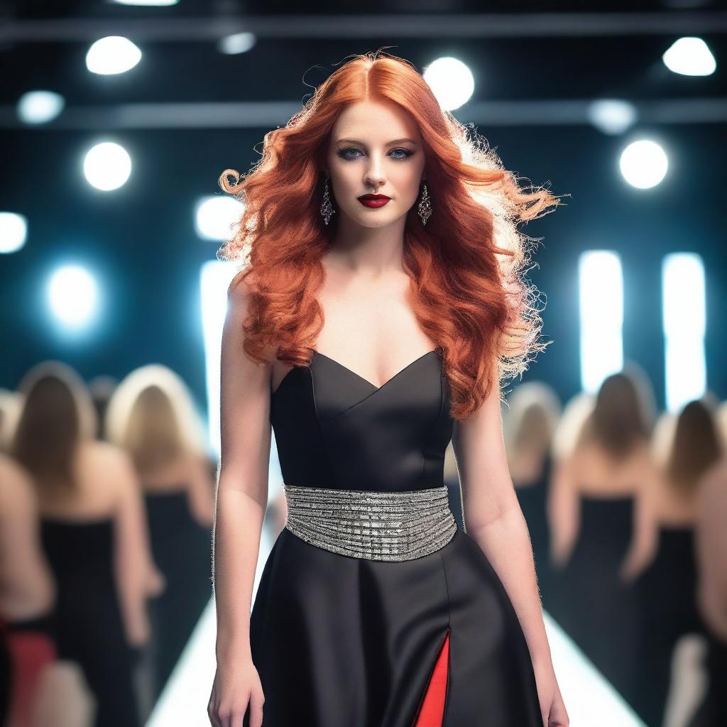 A young woman with long red hair and a striking red necklace walks confidently on a catwalk