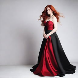 A young woman with long red hair and a striking red necklace stands confidently