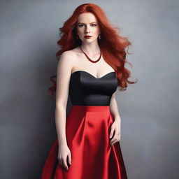 A young woman with long red hair and a striking red necklace stands confidently