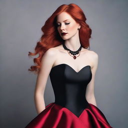 A young woman with long red hair and a striking red necklace stands confidently