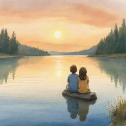 A serene, easy-to-draw cartoon depiction for a children's book showing Finn and Fiona together, tranquilly watching the sunset, casting a golden hue over the calm lake.