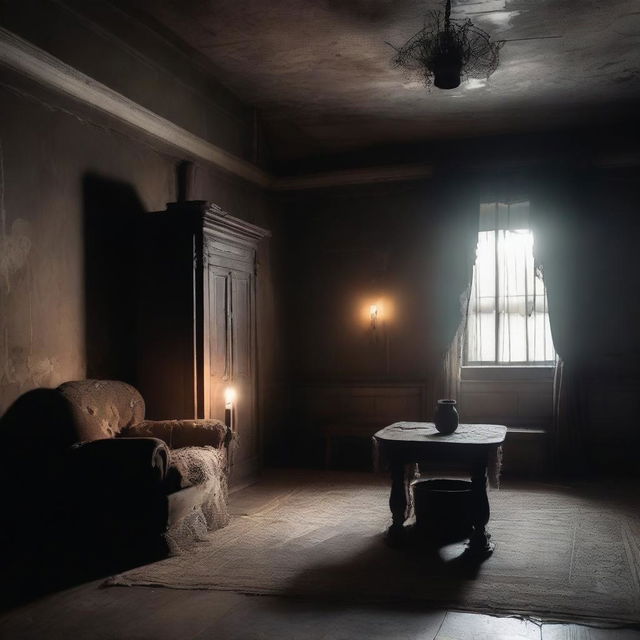 A dimly lit haunted room with cobwebs in the corners, old furniture covered in dust, and an eerie atmosphere