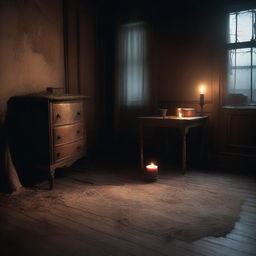 A dimly lit haunted room with cobwebs in the corners, old furniture covered in dust, and an eerie atmosphere