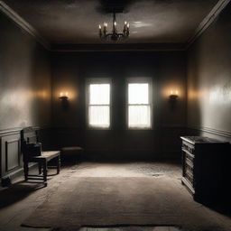 A dimly lit haunted room with cobwebs in the corners, old furniture covered in dust, and an eerie atmosphere