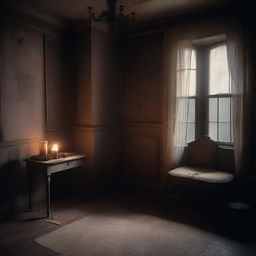 A dimly lit haunted room with cobwebs in the corners, old furniture covered in dust, and an eerie atmosphere