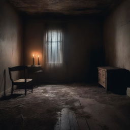 A haunted room at night, dimly lit by flickering candlelight