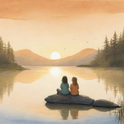 A serene, easy-to-draw cartoon depiction for a children's book showing Finn and Fiona together, tranquilly watching the sunset, casting a golden hue over the calm lake.