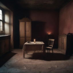 A haunted room at night, dimly lit by flickering candlelight