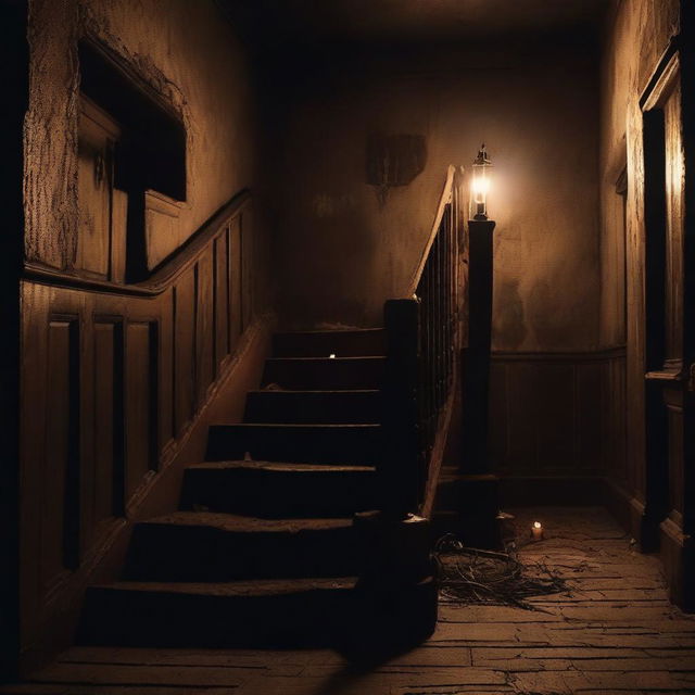 A haunted staircase at night, dimly lit by flickering candlelight