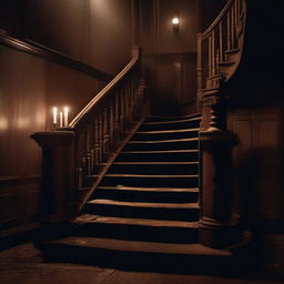 A haunted staircase at night, dimly lit by flickering candlelight