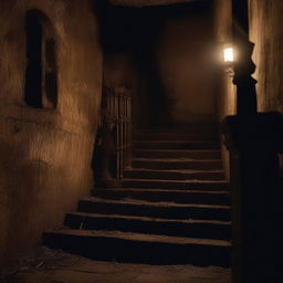 A haunted staircase at night, dimly lit by flickering candlelight