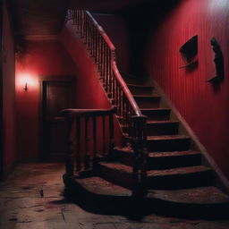 A haunted staircase at night, dimly lit by flickering candlelight