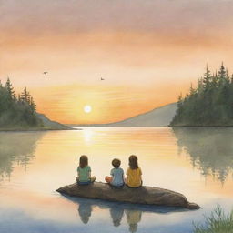 A serene, easy-to-draw cartoon depiction for a children's book showing Finn and Fiona together, tranquilly watching the sunset, casting a golden hue over the calm lake.