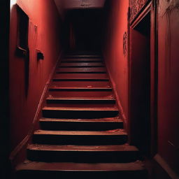 A haunted staircase at night, dimly lit by flickering candlelight