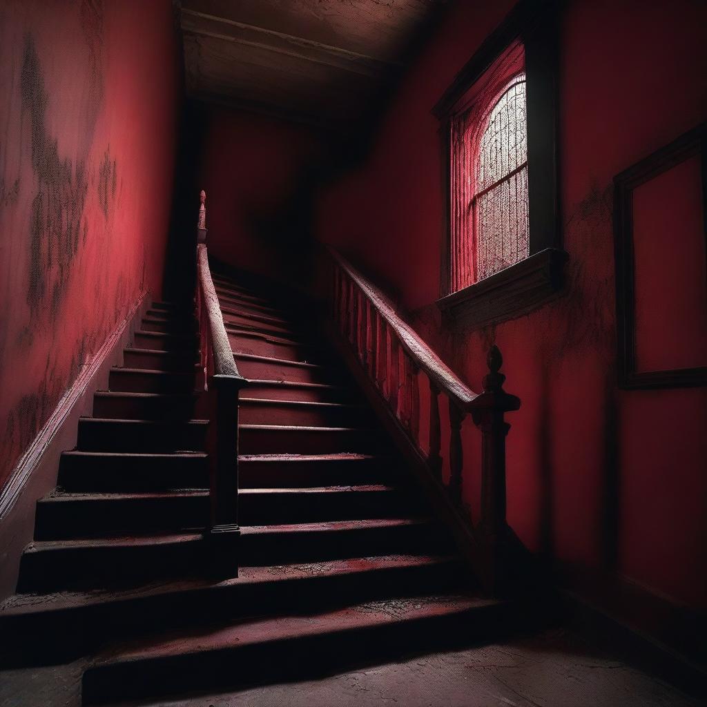 A haunted staircase at night, dimly lit by flickering candlelight