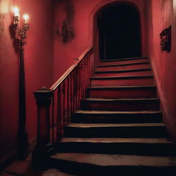 A haunted staircase at night, dimly lit by flickering candlelight