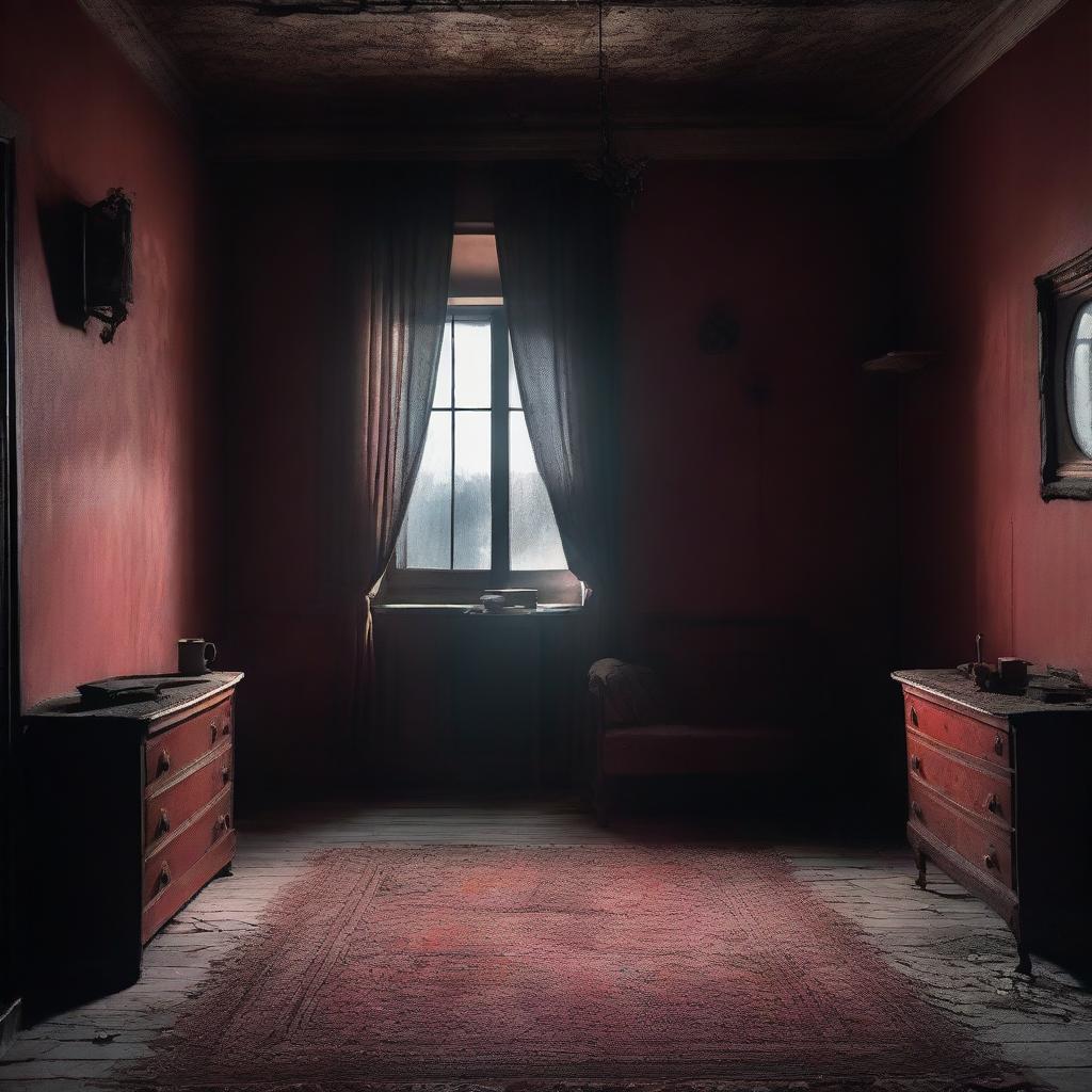 A dimly lit haunted room at night with cobwebs in the corners, old furniture covered in dust, and an eerie atmosphere