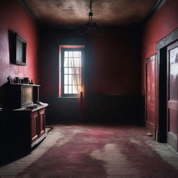 A dimly lit haunted room at night with cobwebs in the corners, old furniture covered in dust, and an eerie atmosphere