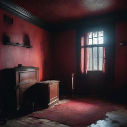 A dimly lit haunted room at night with cobwebs in the corners, old furniture covered in dust, and an eerie atmosphere