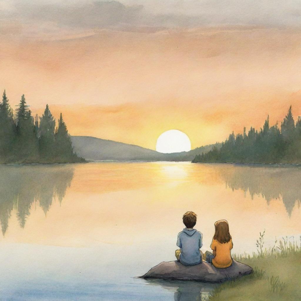 A serene, easy-to-draw cartoon depiction for a children's book showing Finn and Fiona together, tranquilly watching the sunset, casting a golden hue over the calm lake.