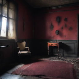 A dimly lit haunted room at night with cobwebs in the corners, old furniture covered in dust, and an eerie atmosphere