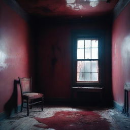 A haunted room in complete darkness, with only faint moonlight streaming through a cracked window