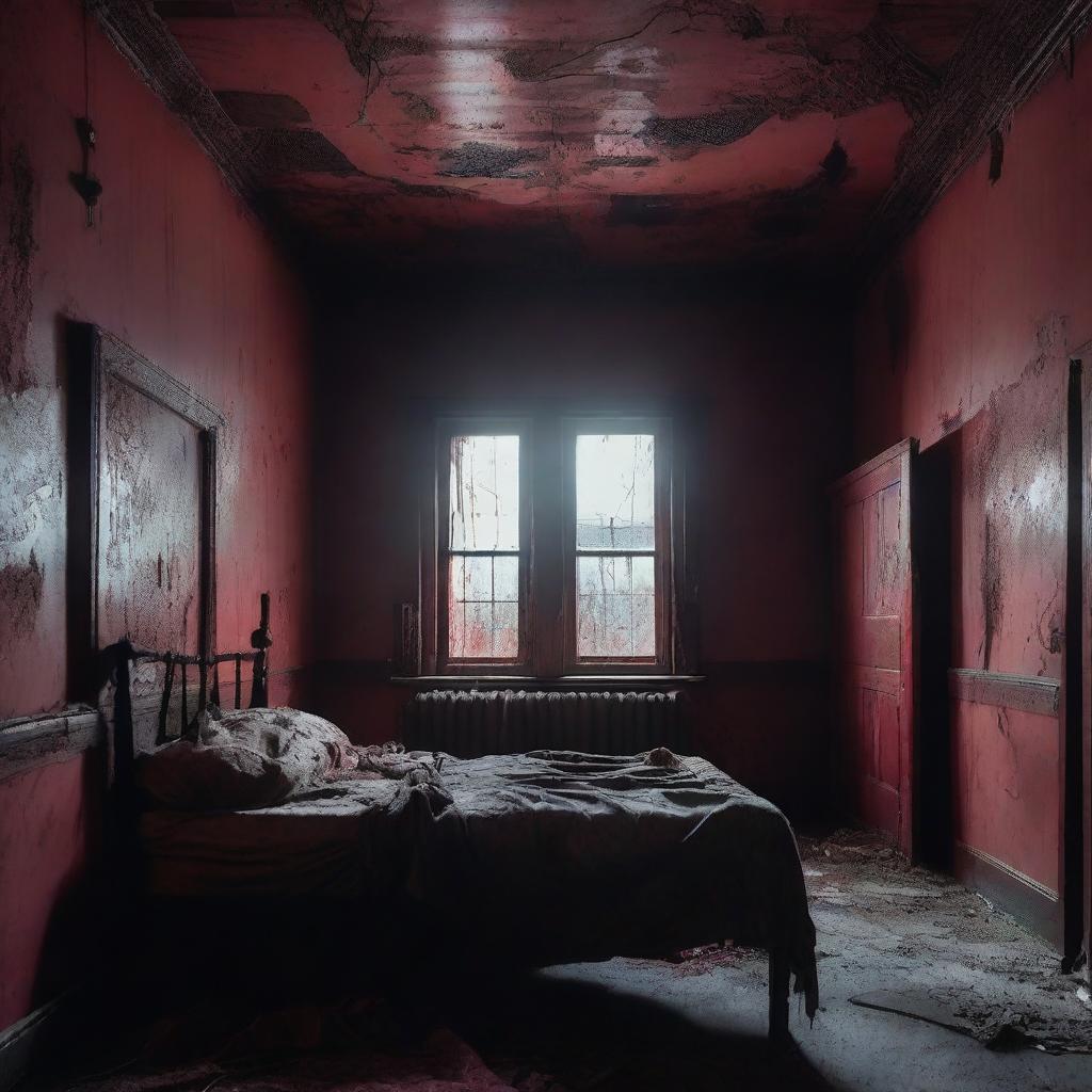 A haunted room in complete darkness, with only faint moonlight streaming through a cracked window