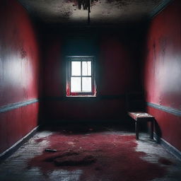 A haunted room in complete darkness, with only faint moonlight streaming through a cracked window