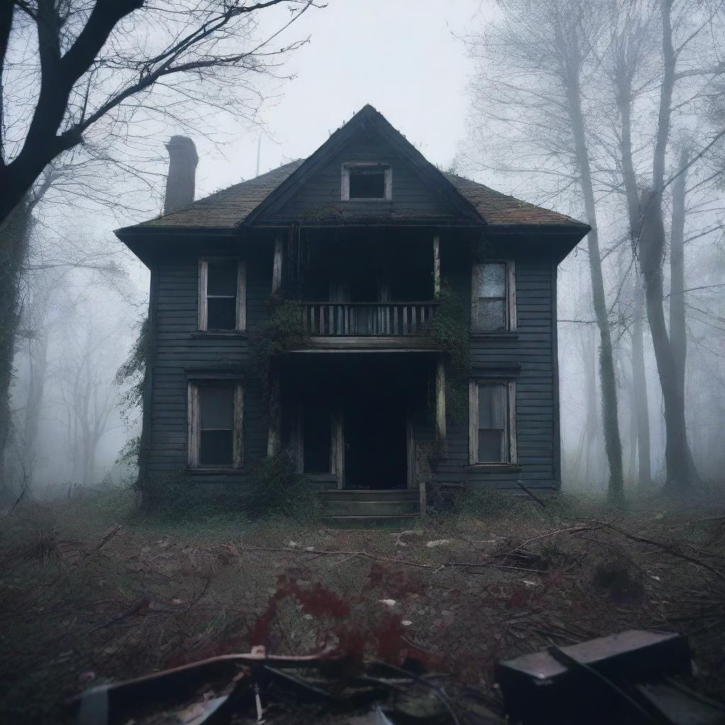 A terrifying horror scene featuring a dark, abandoned house with broken windows and overgrown vegetation