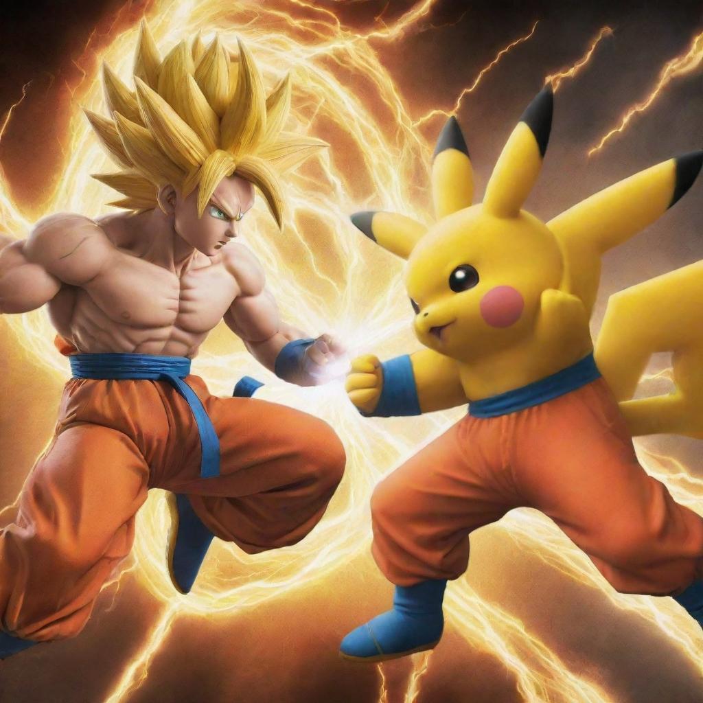 An epic showdown between Goku from Dragon Ball Z, showcasing his Super Saiyan form, and Pikachu from Pokémon, utilizing his electric abilities, set in a dynamic battle scene.